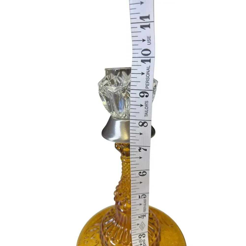 Vintage‎ Amber Pressed Glass Candlestick Holder Floral Base Glass Prism Top